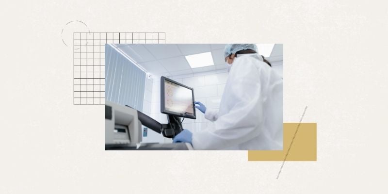 CU Anschutz branded graphic with a beige background, a gold rectangle, and accent graphics like a grid line and a dotted line. In the center is a photo of a clinician working with an informatics device.