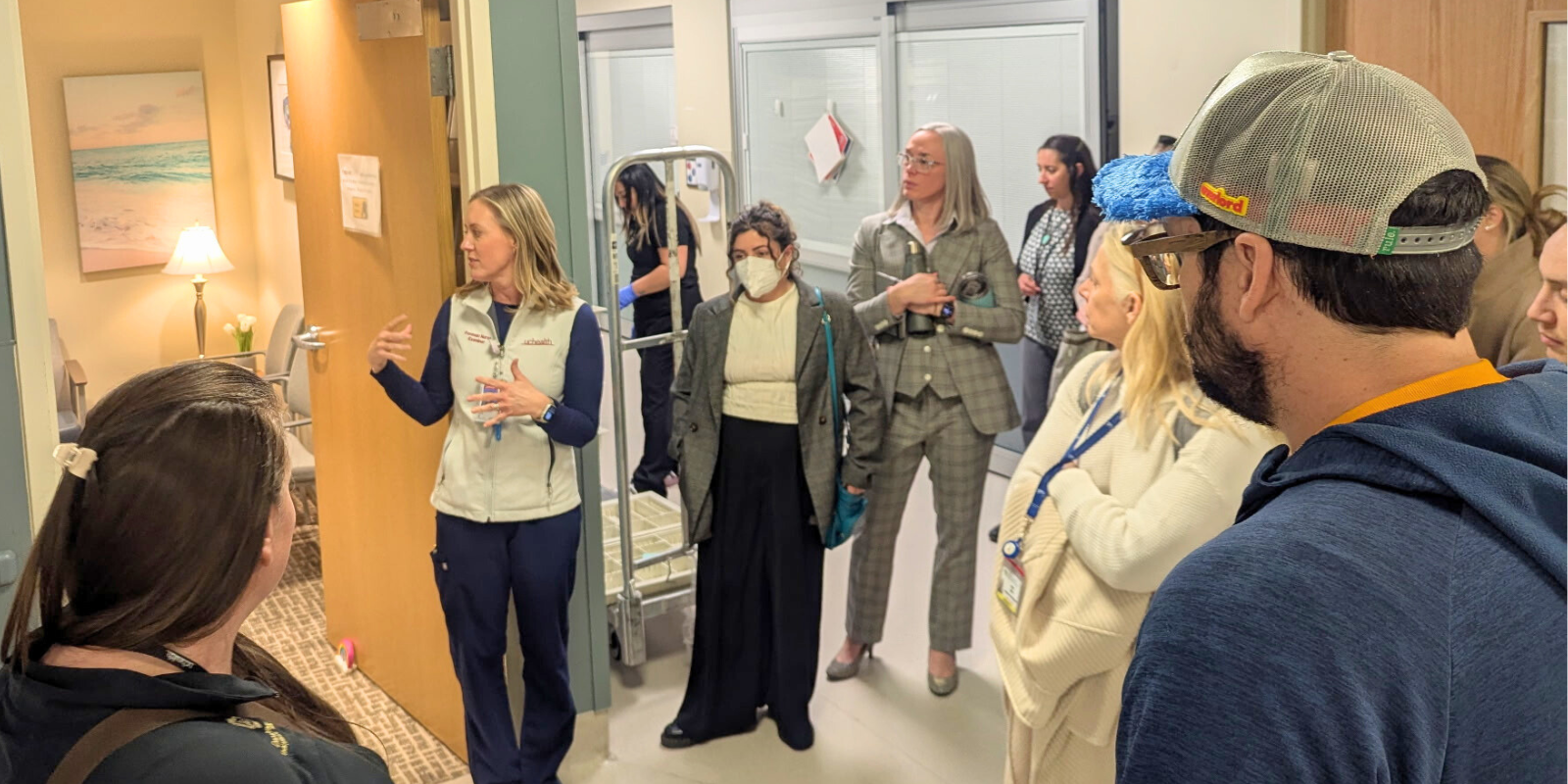 A nurse manager leads a tour of the forensic nurse examiner suite in the emergency department at UCHealth University of Colorado Hospital.