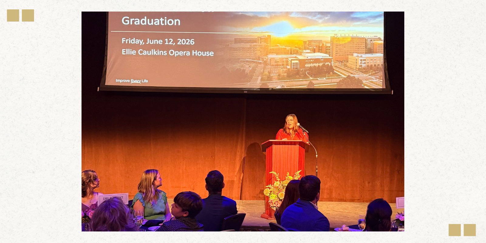 Colorectal surgery fellow Viviane Leite Abud speaks at the 2026 graduation ceremony for residents and fellows