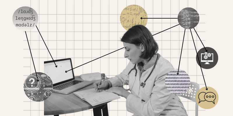black and white cutout of clinician leveraging technology in front of computer at desk with multicolored circles and arrows representing an Artificial Intelligence (AI) 'neural network', specifically a large language model (LLM)