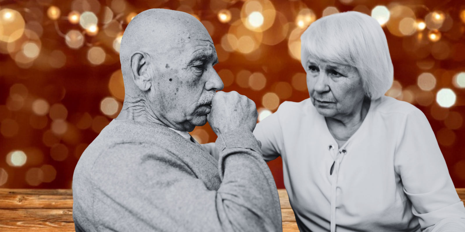 An illustration of a man and woman talking about cancer in a holiday setting.