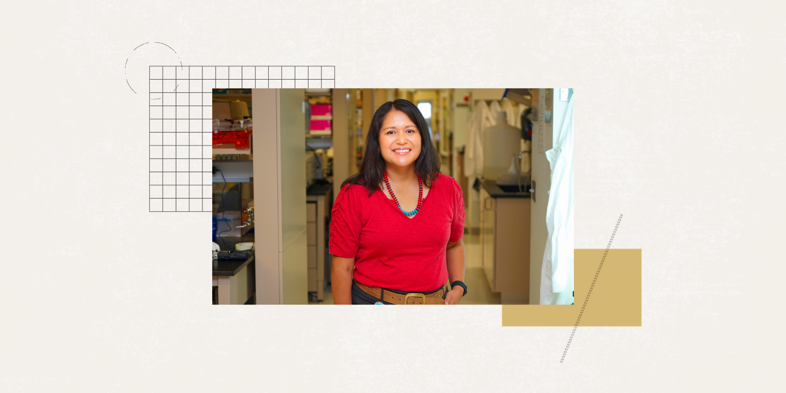 graphic with an image in the center—a portrait of Katrina Claw, PhD in a wet lab. This photo is attributed to AISES.org on behalf of David Cournoyer.
