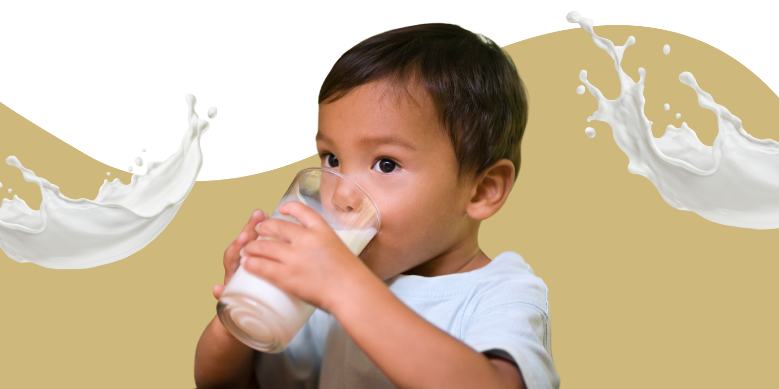 Toddler drinks from a glass of milk with a stylized gold and white background behind them. 