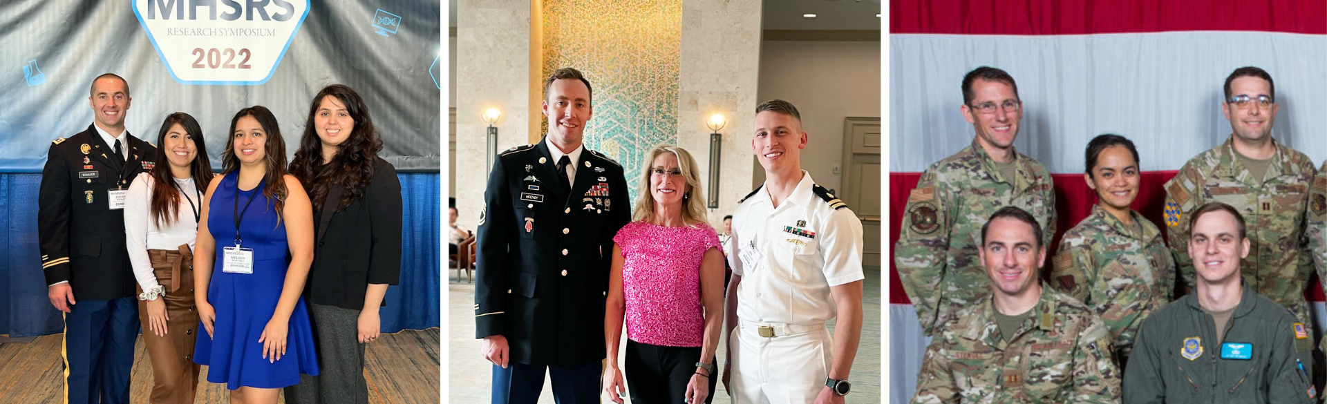 Three photos of portraits of featured students and mentors. From left to right, Steve Schauer, with his research team; Ian Eisenhauer with two COMBAT collaborators; Raiza Deyto with her U.S. Army squadron.