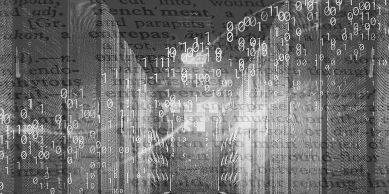 transparency overlay image of a server room, binary computer text, and a dictionary text, emphasizing computational natural language processing (NLP)
