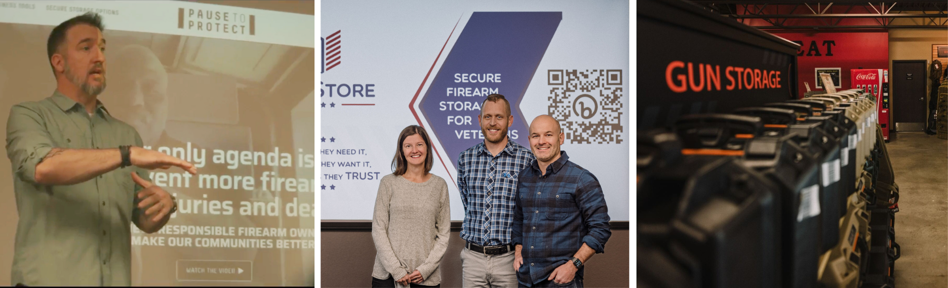 Image of male presenter talking in front of a screen with Pause to Protect website open, image of three researchers posing in front of a VetStore presentation, and an image of multiple gun storage boxes lined up in a row