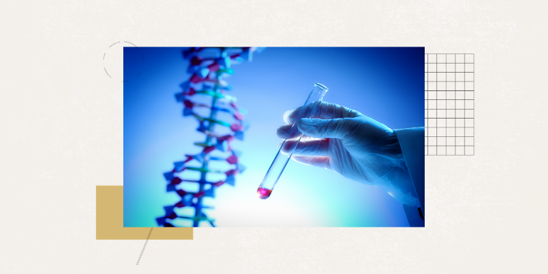 hand in glove holding blood sample in front of a model of a DNA molecule 