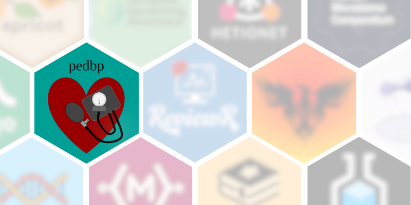 array of hexagonal logos in hexbin style representing software tools. All logos are slightly blurred and translucent except for the teal and red pedbp logo that depicts a heart, a blood pressure monitor, and a stethoscope