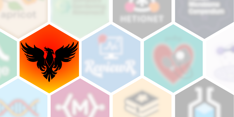 image of hexagon phoenix logo among other hexagonal logos representing software tools on the wall of software