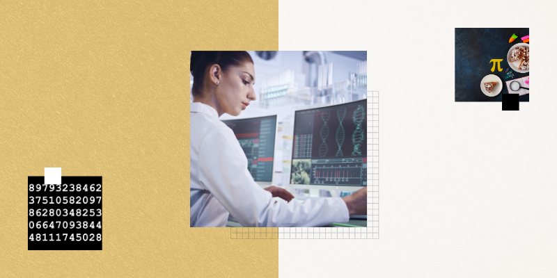 Researcher analyzing DNA data on a computer screen, overlaid with a π symbol, pie illustration, and digits of pi.