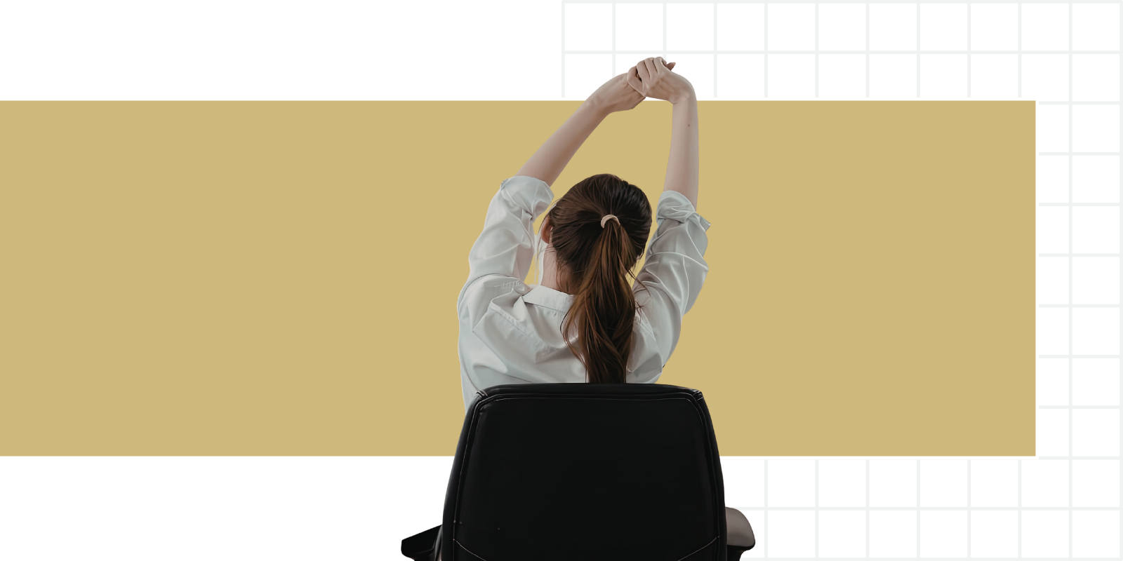 Image of woman sitting in desk chair stretching her arms up