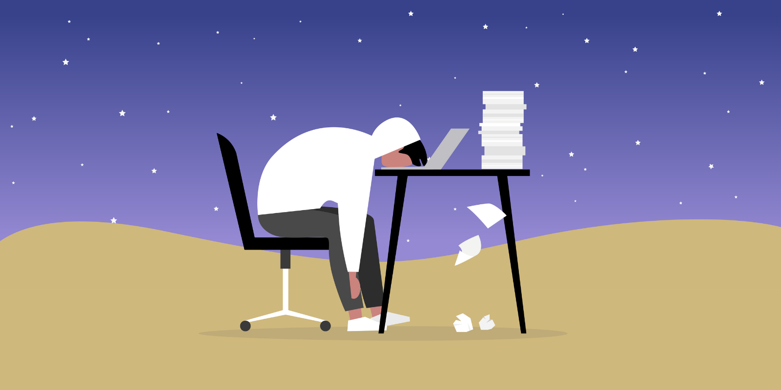 A graphic depiction of a student in a white hoodie sitting slouched over at a desk with a tall stack of books and open laptop with head on desk asleep.
