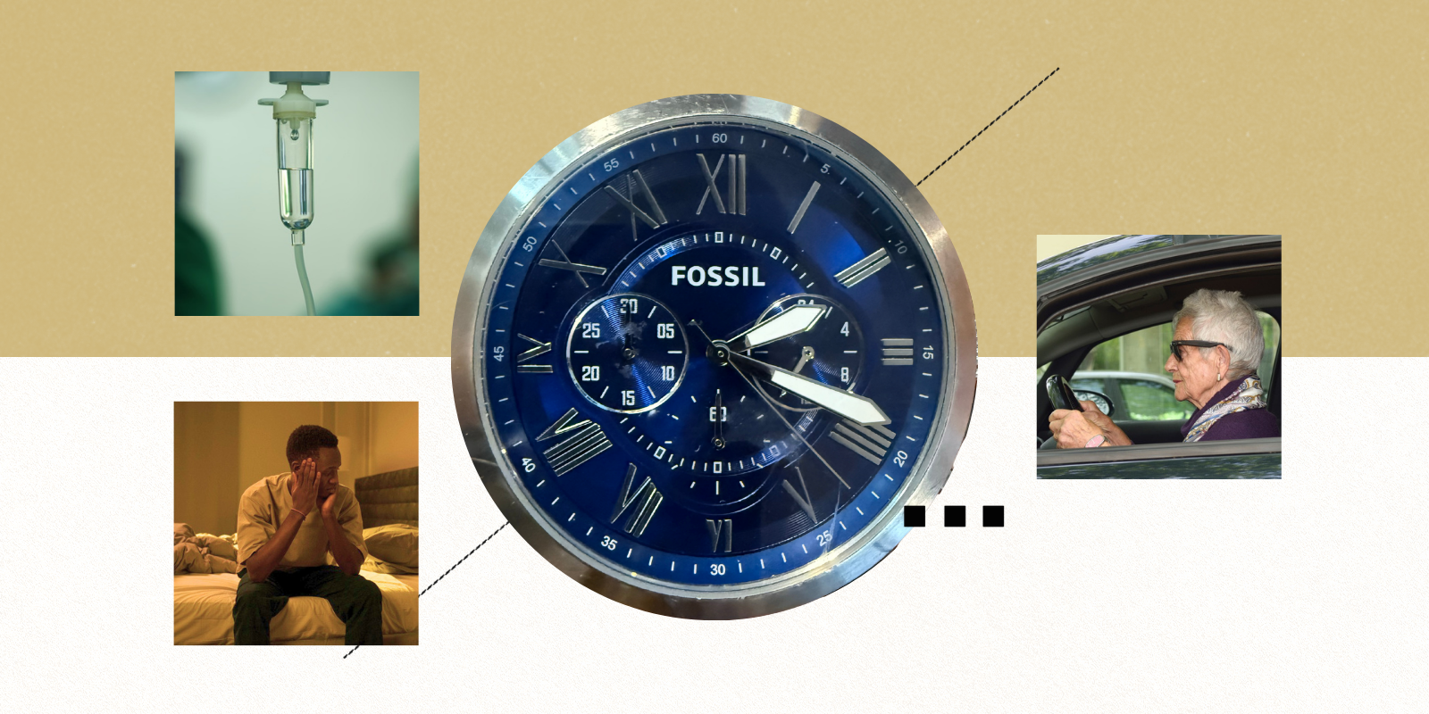 An illustration featuring a watch, an infusion, a woman driving and a man in distress.