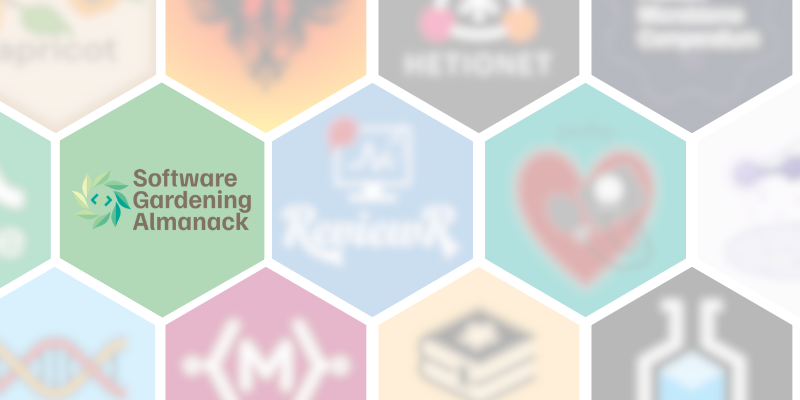 software gardening almanack logo in green hexagon among blurred hexagons containing research software logos